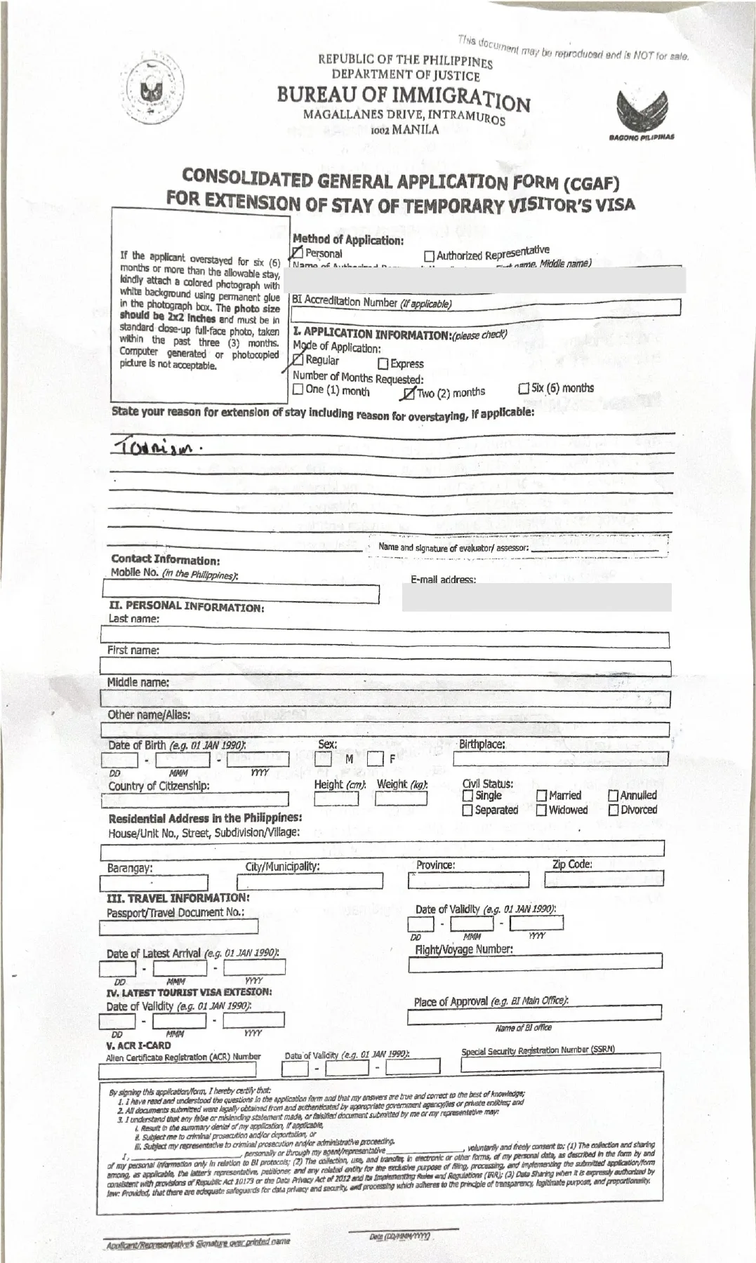 Exemple anonymisé du formulaire de prolongation rempli à Cebu
