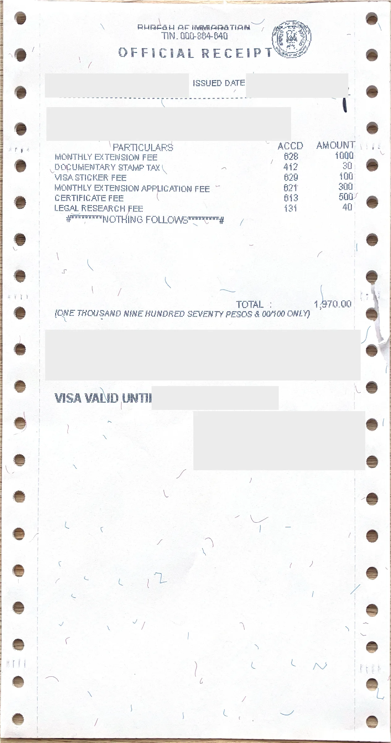 Reçu anonymisé de 1 970 pesos pour la deuxième prolongation