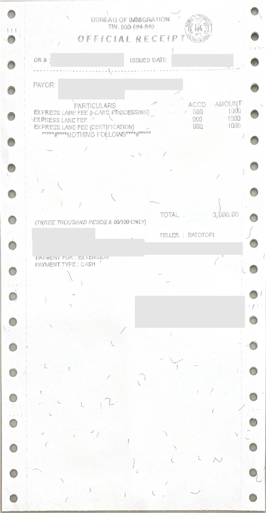Reçu anonymisé de 3 000 pesos de frais Express Lane