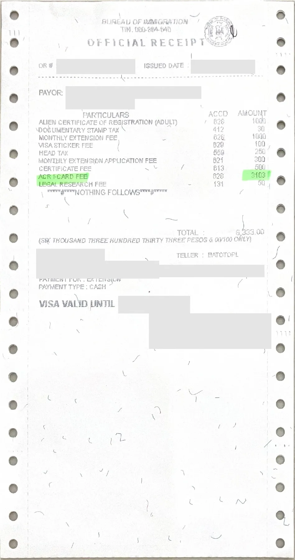 Reçu anonymisé de 6 333 pesos pour la première prolongation et la carte ACR
